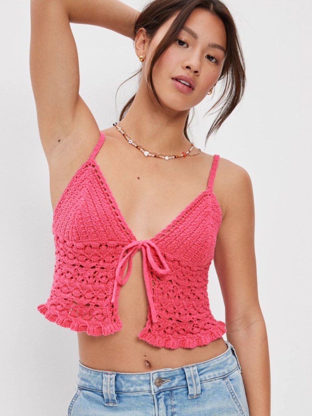American Eagle Crochet Tie Front Cami Crop Top Pink 100% Cotton Festival Boho M